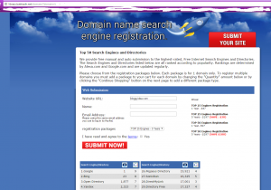 Landing page for the domain registrar scam wants to sell you fraudulent SEO services