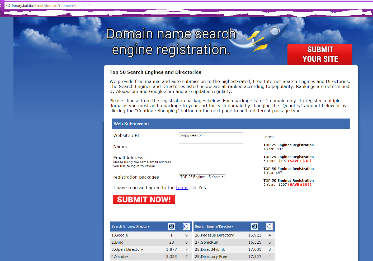 Landing page for the domain registrar scam wants to sell you fraudulent SEO services