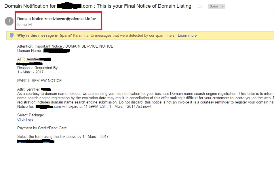 Fraudulent domain registrar phishing and scam email