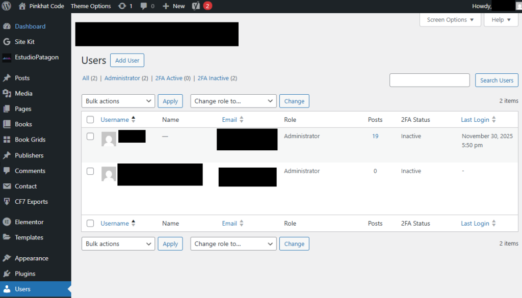 WordPress user dashboard view