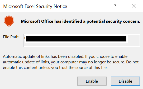 Microsoft Office warning for a malicious formula